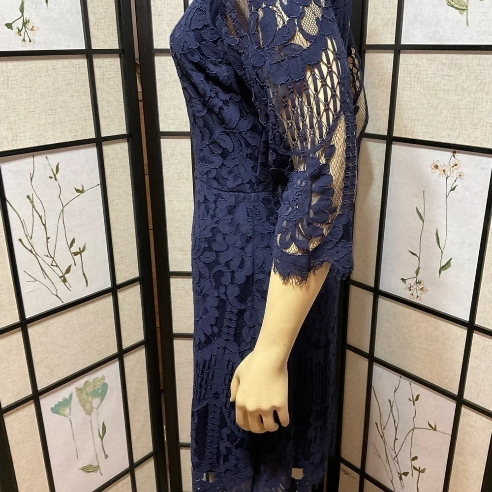 Mslg Navy Blue Lace 3/4 Sleeve Special Occasion Dress - Picture 7 of 10